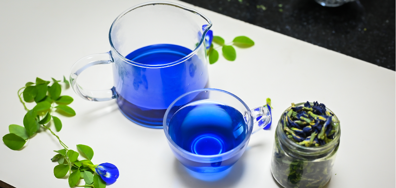 blue pea tea kept on a table 