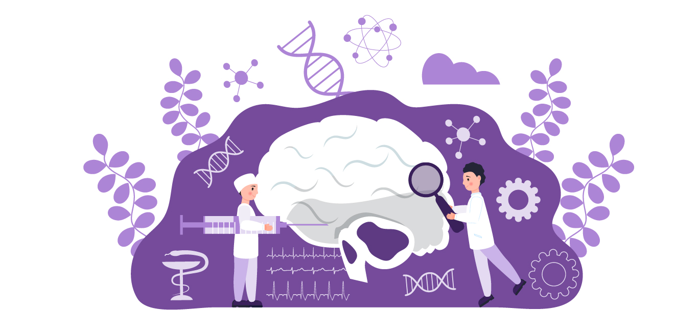 purple brain with scientists and doctors