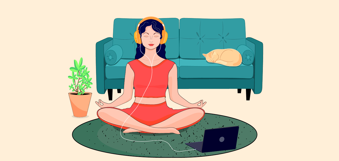 A person relaxing by doing meditation and listening to music