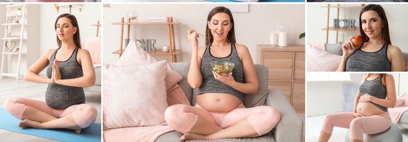 pregnant woman exercising and eating