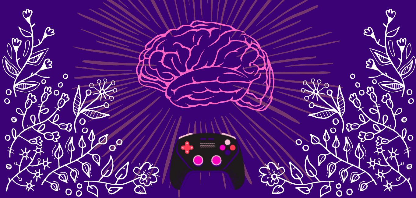 Representative illustration of a video game console and a sketch of the human brain 