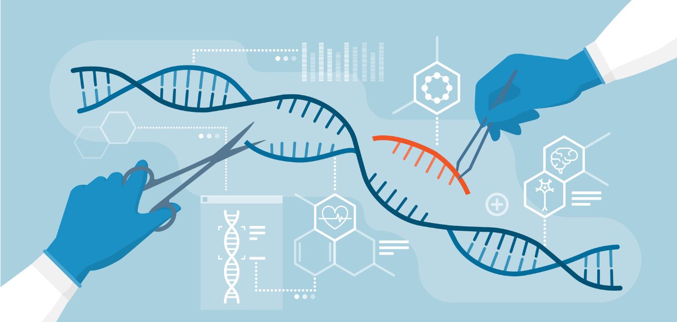 Illustration of hands splicing DNA to depict the use of gene editing tool CRISPR