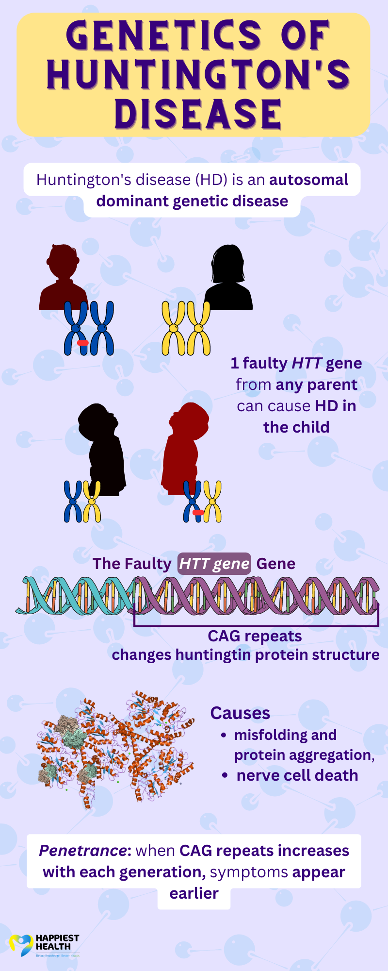 Huntington's disease (HD) is an autosomal dominant genetic disease.1 faulty HTT gene from any parent can cause HD in the child. -CAG- repeat in HTT gene changes in huntingtin protein structure Causes misfolding and protein aggregation, and cell death. Penetrance: when CAG repeats increases with each generation, symptoms appear earlier