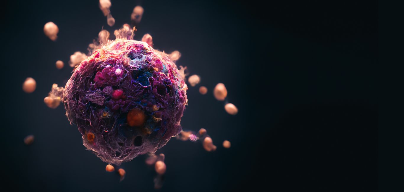 A 3D illustration of a cancer cell being attacked by nanoparticles