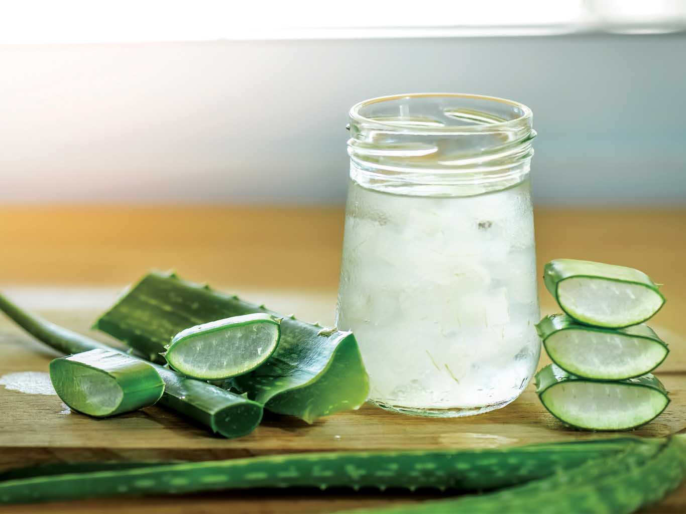 aloe vera leaves and fresh gel in a glass container