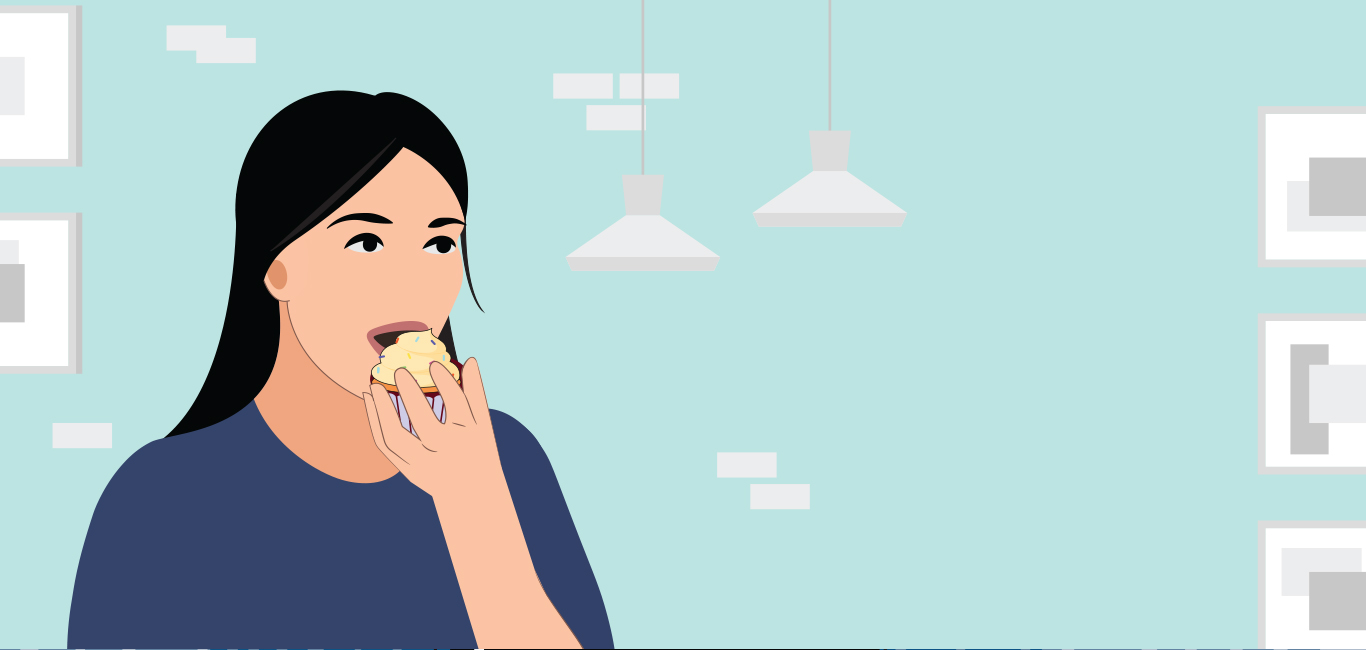 Illustration of a woman eating a cupcake.